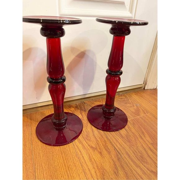 Set of two tall Ruby red glass candleholders